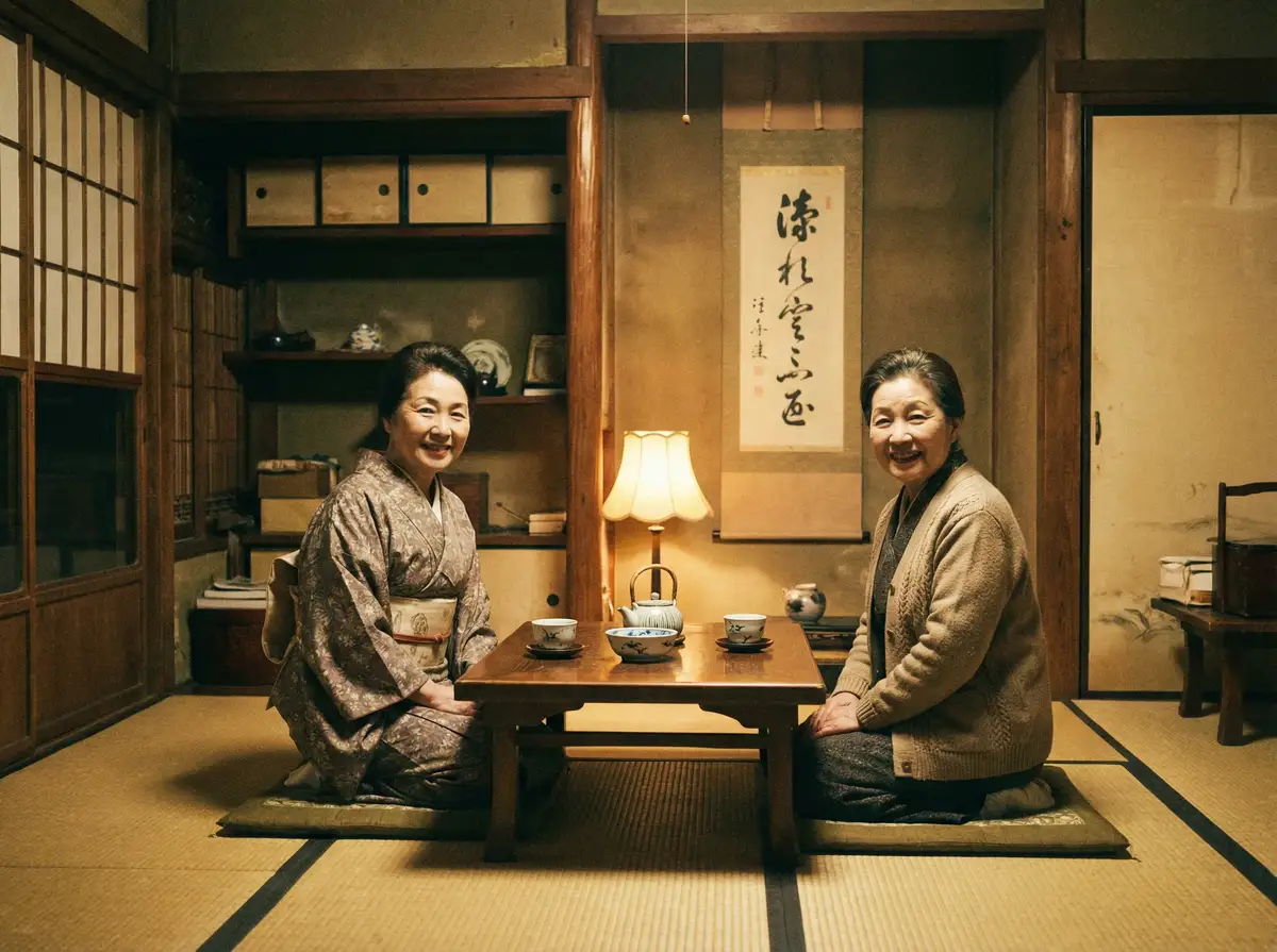 两位优雅的 日本剧情 在日式茶室中品茶交谈